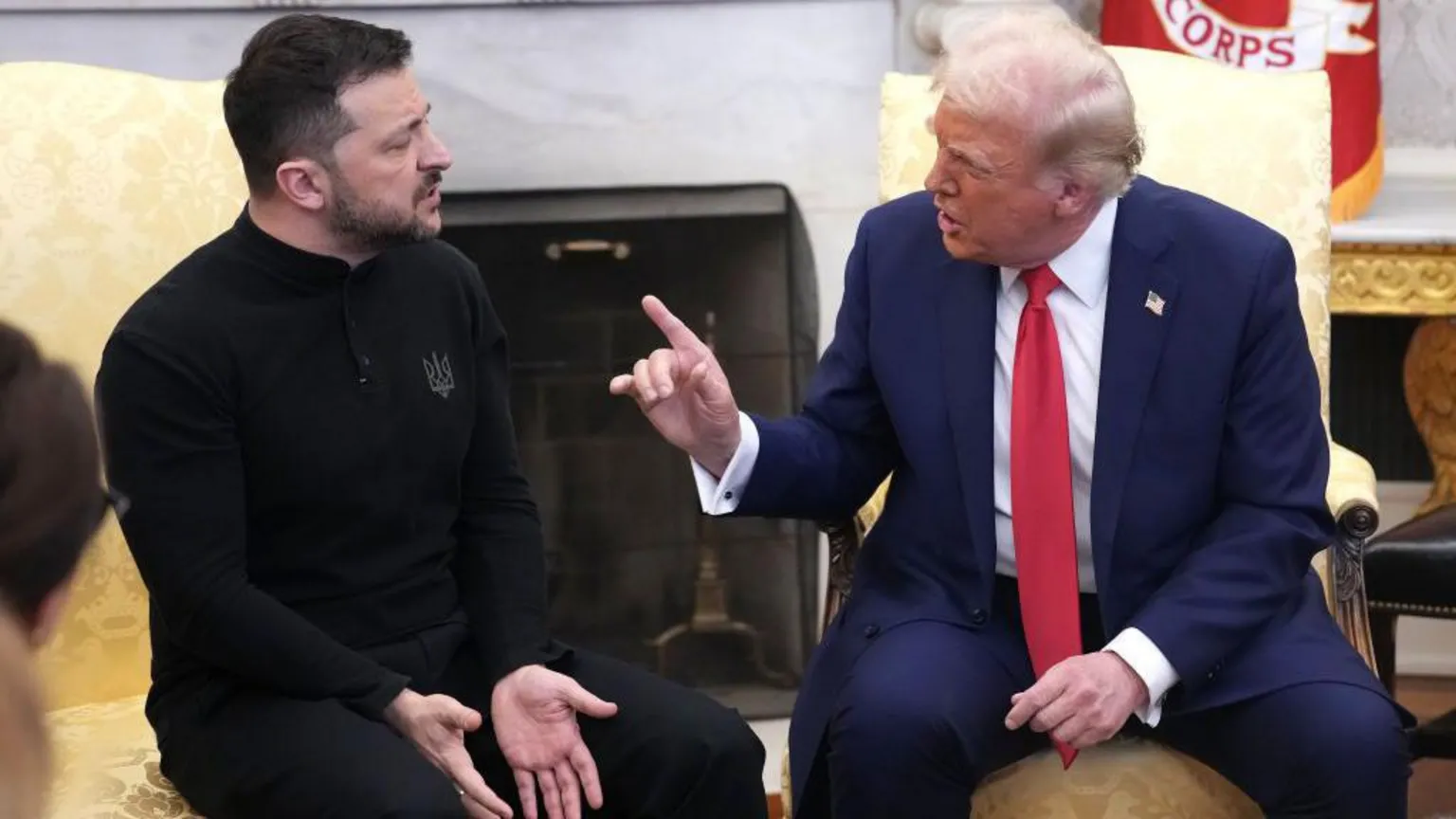  U.S. President Donald Trump and Ukrainian President Volodymyr Zelensky meet in the Oval Office at the White House on February 28, 2025 in Washington, DC. Trump is raising a finger at Zelensky and leaning in close, while Zelensky is gesturing in frustration