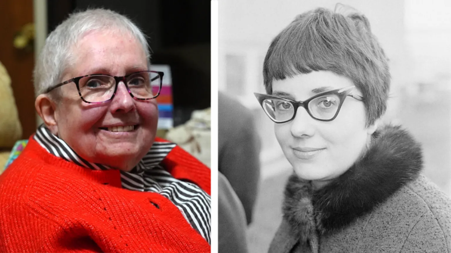 BBC/ A composite image showing Mair Morgan now and in 1966 or 1967. In the modern image Mair is smiling at the camera and wearing a red cardigan and a navy and white striped blouse, with tortoiseshell glasses and short gray-white hair. The older image is black and white, with Mair wearing a fur-necked overcoat and horn-rimmed spectacles. Her hair is dark and cropped short, but longer than the modern image.