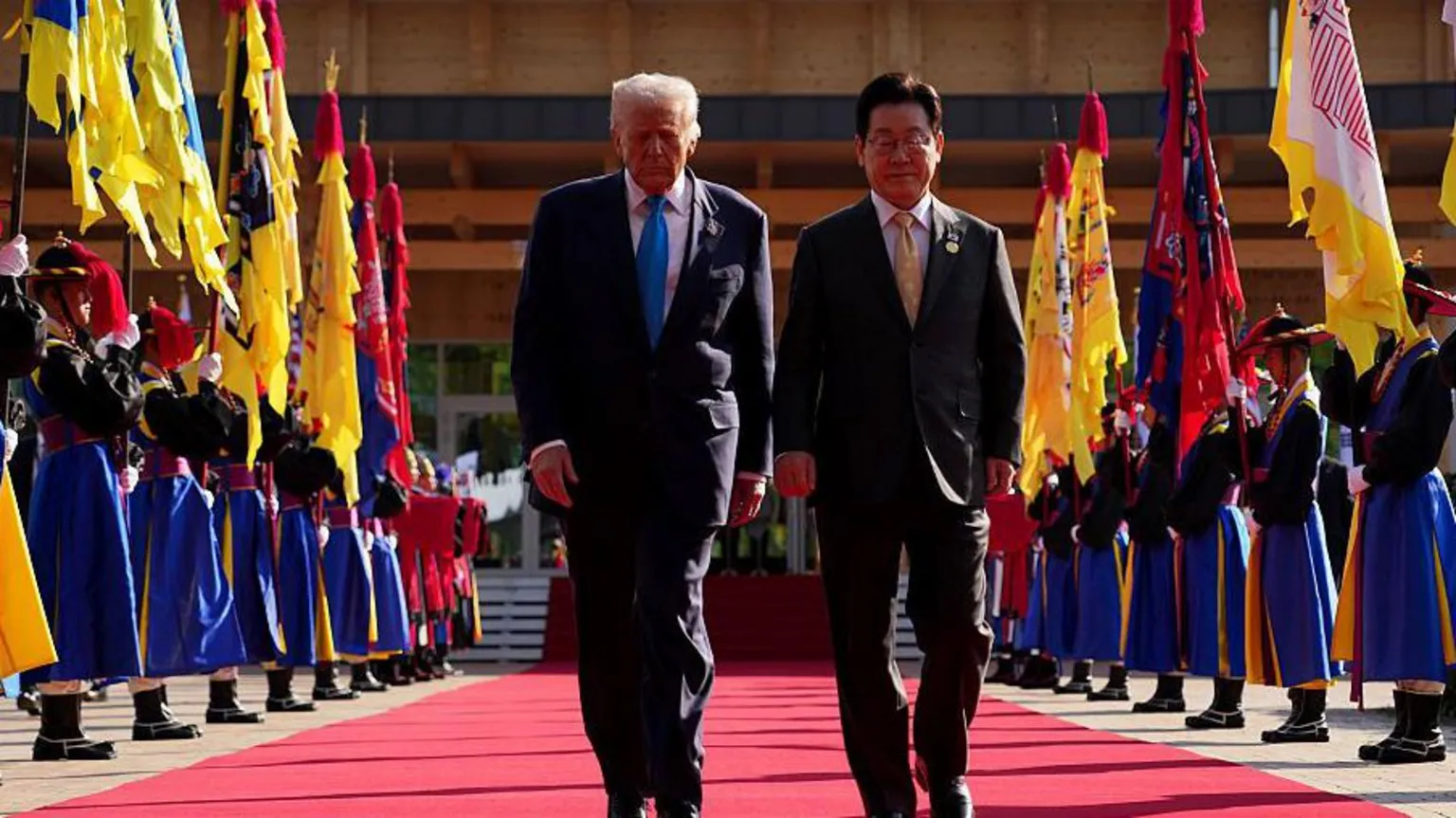 President Donald Trump walks with South Korean President Lee Jae Myung down a red carpet flanked with mascots carrying flags