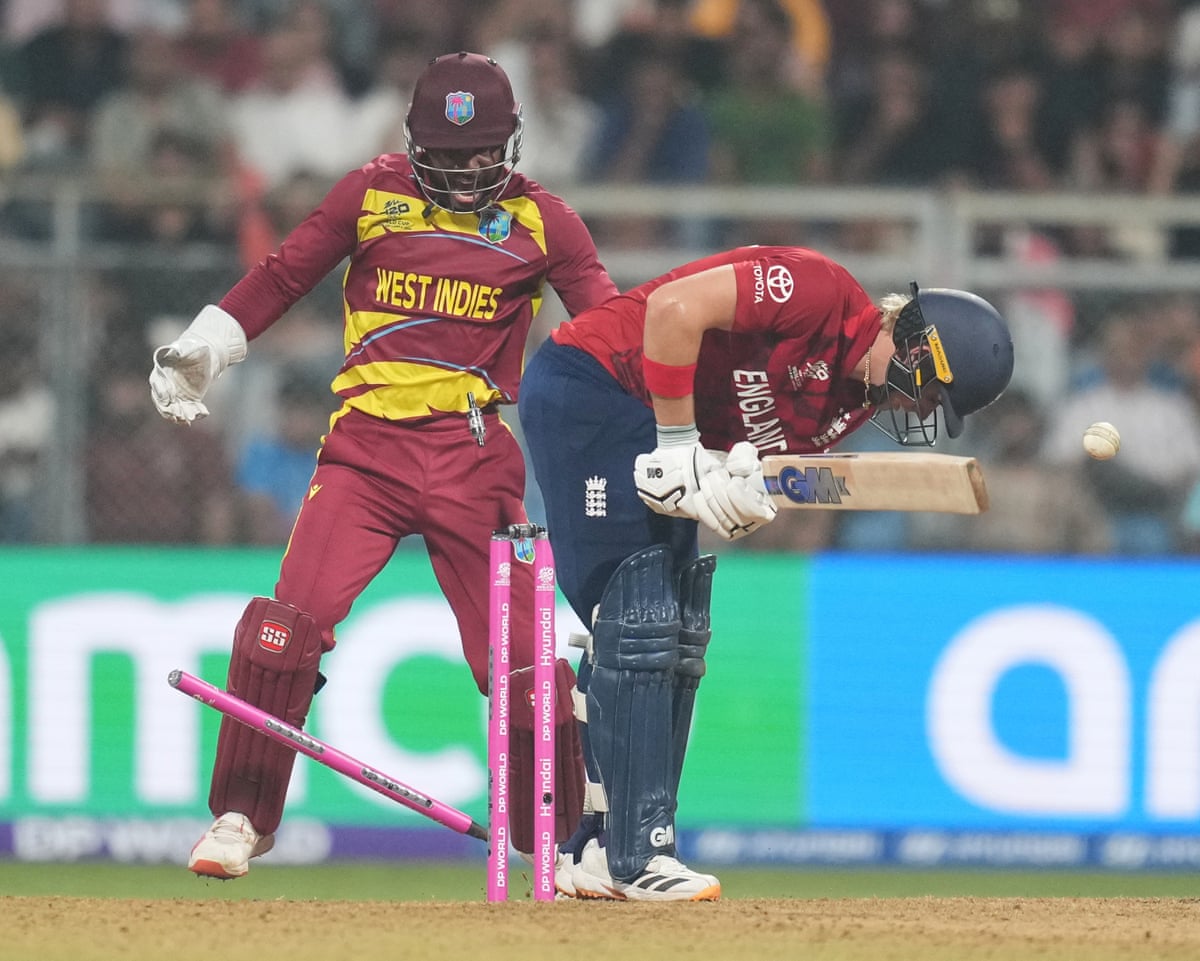 Jacob Bethell is bowled by Gudakesh Motie during England’s defeat by West Indies, their only loss of the tournament