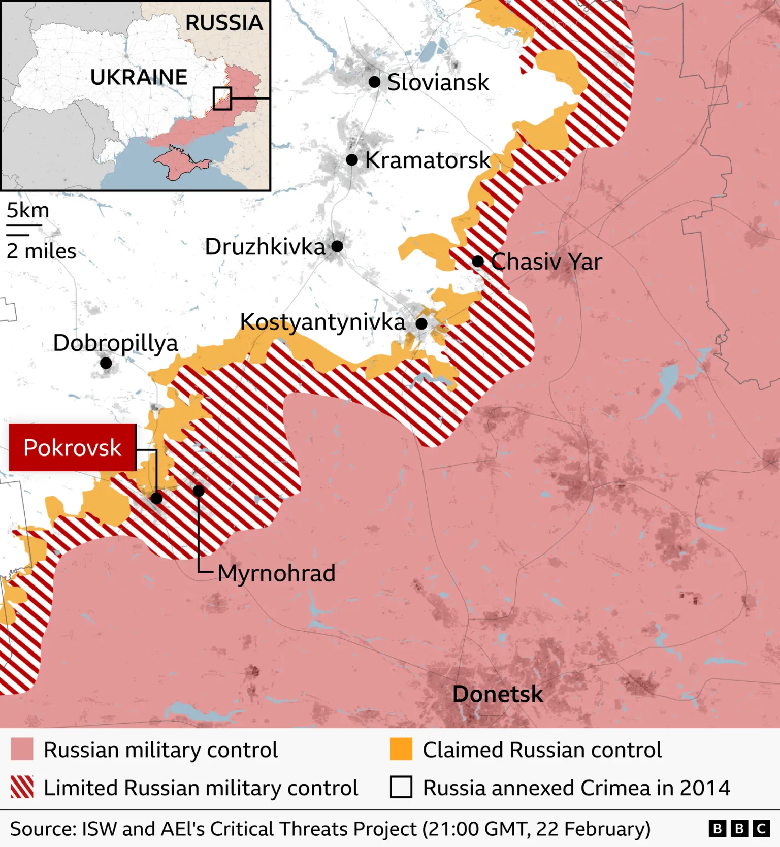 Map showing territorial control in eastern Ukraine near the city of Donetsk as of 18 February. Areas under Russian military control are shaded red including the city of Donetsk, limited control areas have red stripes, and claimed Russian control areas are shaded yellow. It shows that Russia has limited control of the south of Pokrovsk and claimed control of northern areas of the town. It also shows Russia has limited military control over the town of Chasiv Yar about 40km further east. Source: ISW