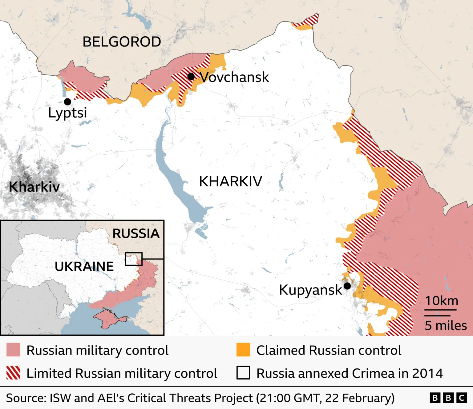 Map showing Russian military control in parts of Ukraine near Belgorod on 18 February. Areas under Russian control are shaded red, limited control is marked with red stripes, and claimed control is shown in yellow. Key locations labelled include Belgorod, Vovchansk, Lyptsi, Kharkiv, and Kupyansk. Source: ISW.