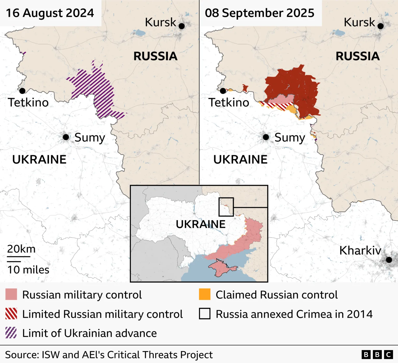 Side-by-side comparison map showing changes in territorial control just over the Russian border between Russia and Ukraine from 16 August 2024 to 8 September 2025. Left map (2024): Limit of Ukrainian advances are marked with purple stripes Right map (2025): A slightly larger area including small areas across the Ukrainian border is shaded with a bit more in yellow to show claimed Russian control. Key towns labeled include Kursk, Tetkino, and Sumy. Source: ISW
