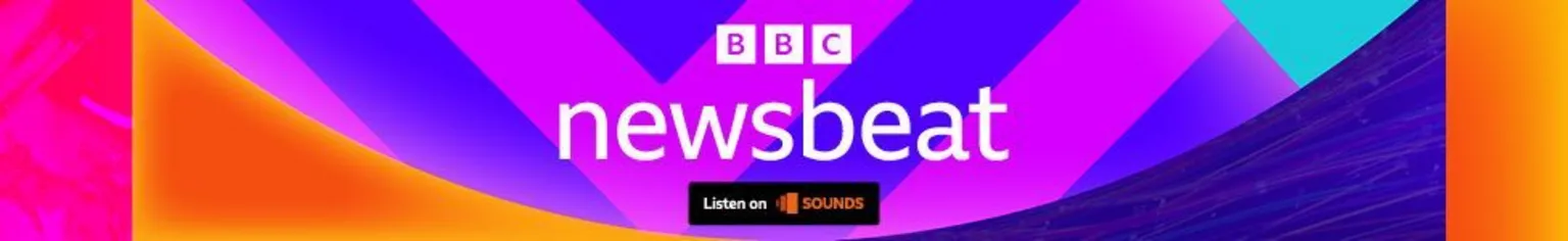 A footer logo for beat. It has the BBC logo and the word Newsbeat in white over a colorful background of violet, purple and orange shapes. At the bottom a black square reading 