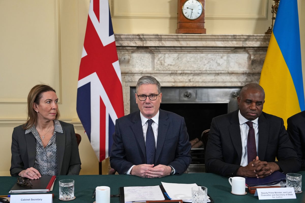 Keir Starmer at cabinet this morning, flanked by Antonia Romeo, attending for the first time as cabinet secretary, and David Lammy, deputy PM and justice secretary.