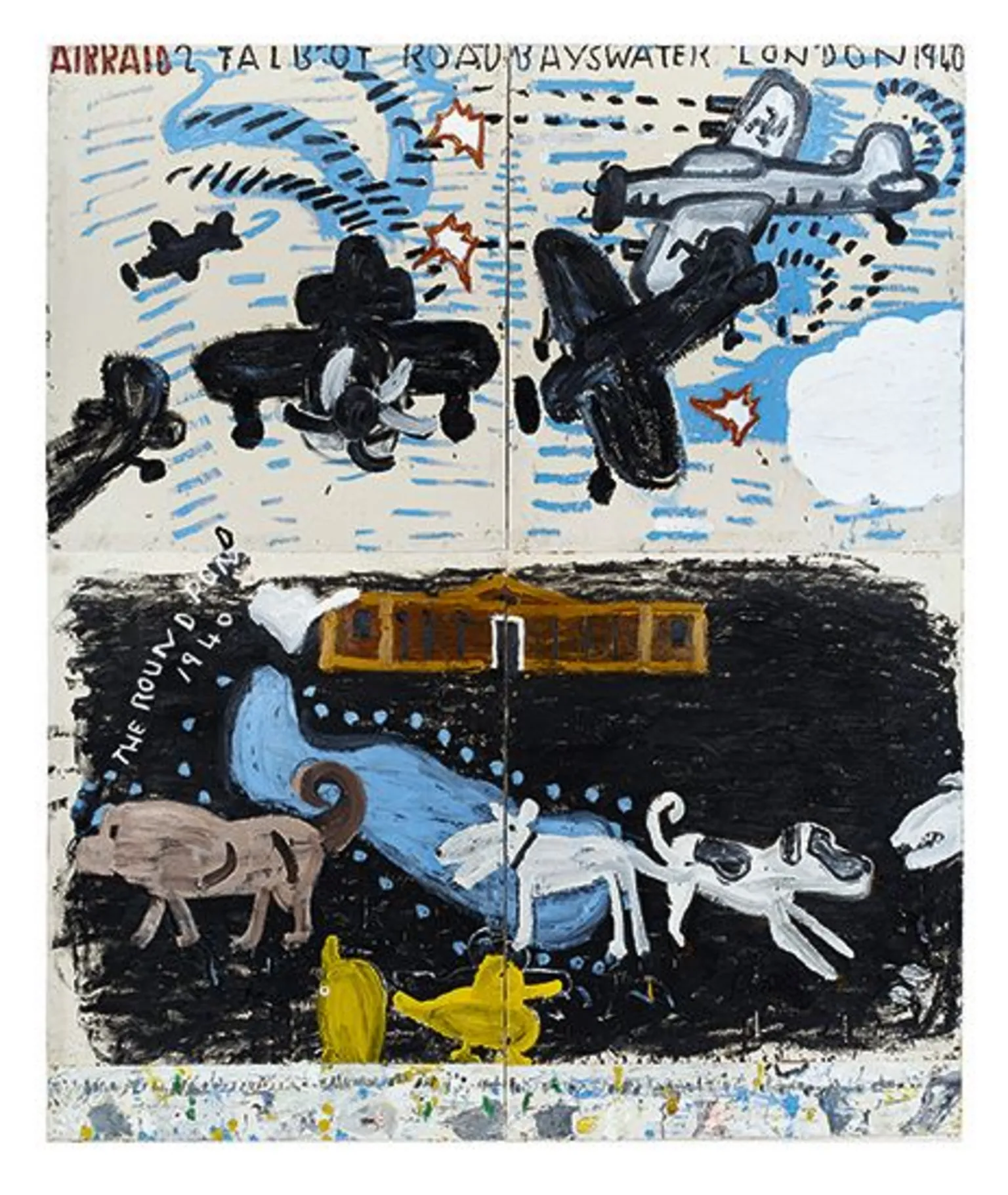 Rose Wylie/David Zwirner Rose Wylie, Park Dogs and Air Raid, 2017, aeroplanes rain down bombs from the sky with brown yellow and white dogs below. 