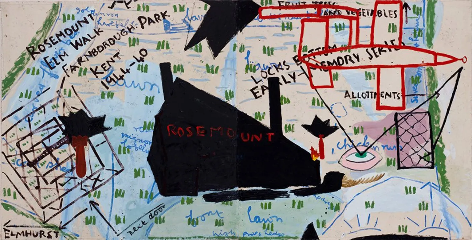 Rose Wylie The artist’s family home is pictured as a blacked-out, rough triangle in the middle of the painting. Its name scrawled in red paint on its surface. The painting is a map, of sorts; an aerial viewpoint denoted by the artist’s single floating eye looking upwards, with thin black lines projected from the pupil towards the red outline of a ‘doodlebug’, headed her way. 