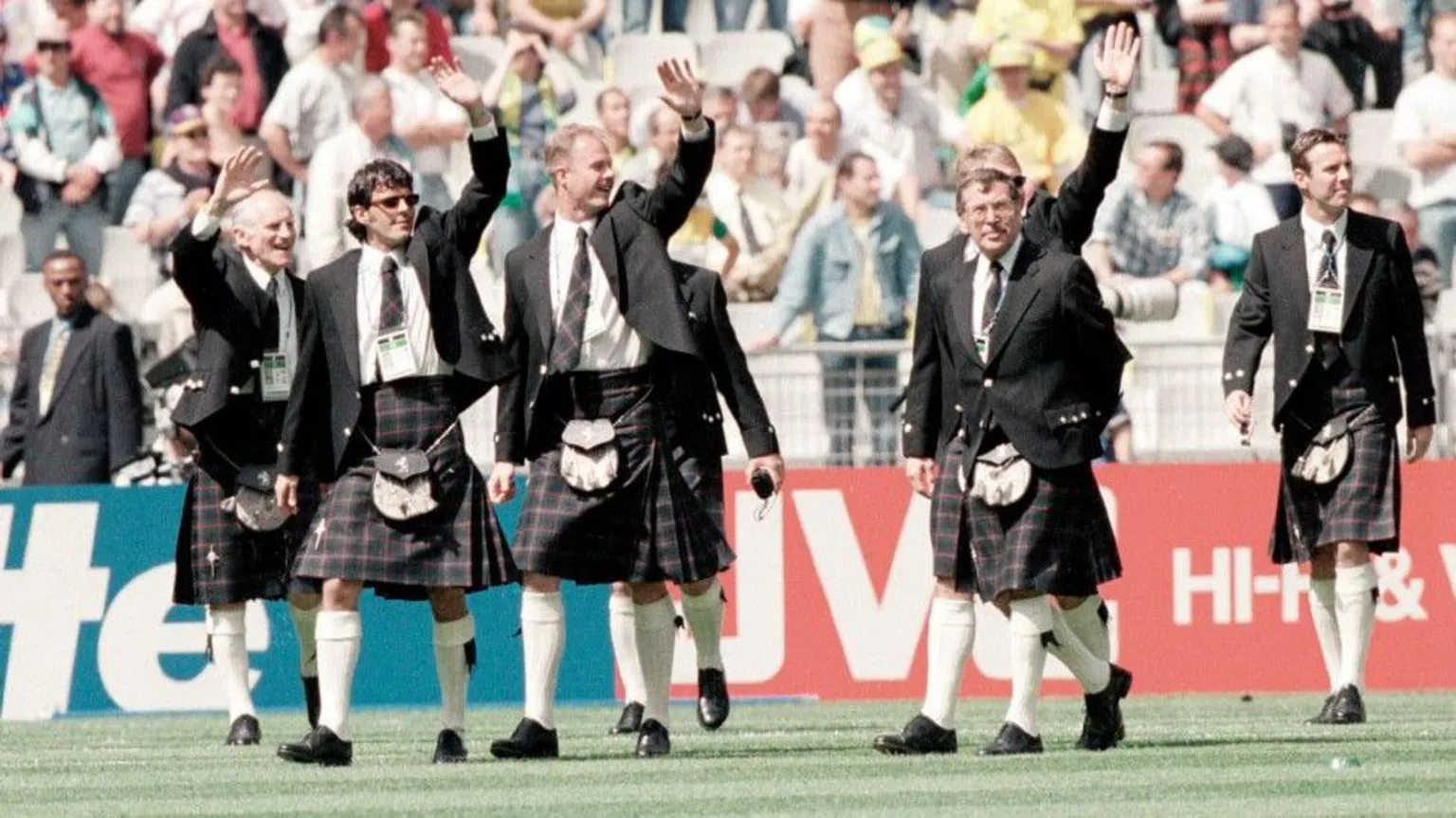 SNS Scotland squad at 1998 World Cup walking onto the pitch wearing kilts.