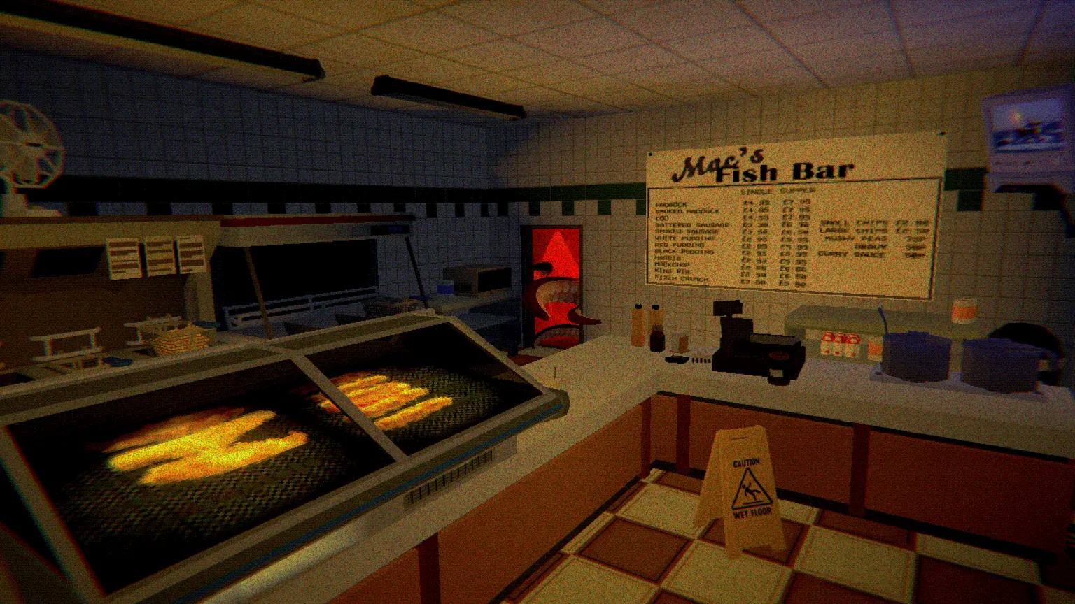 James Muirhead Screenshot from a horror computer game showing the interior of a fish and chip shop called Mac’s Fish Bar, with fryers in the foreground, a menu board on the wall, a yellow “Caution Wet Floor” sign on the tiled floor, and a red-lit doorway glowing ominously at the back of the shop.