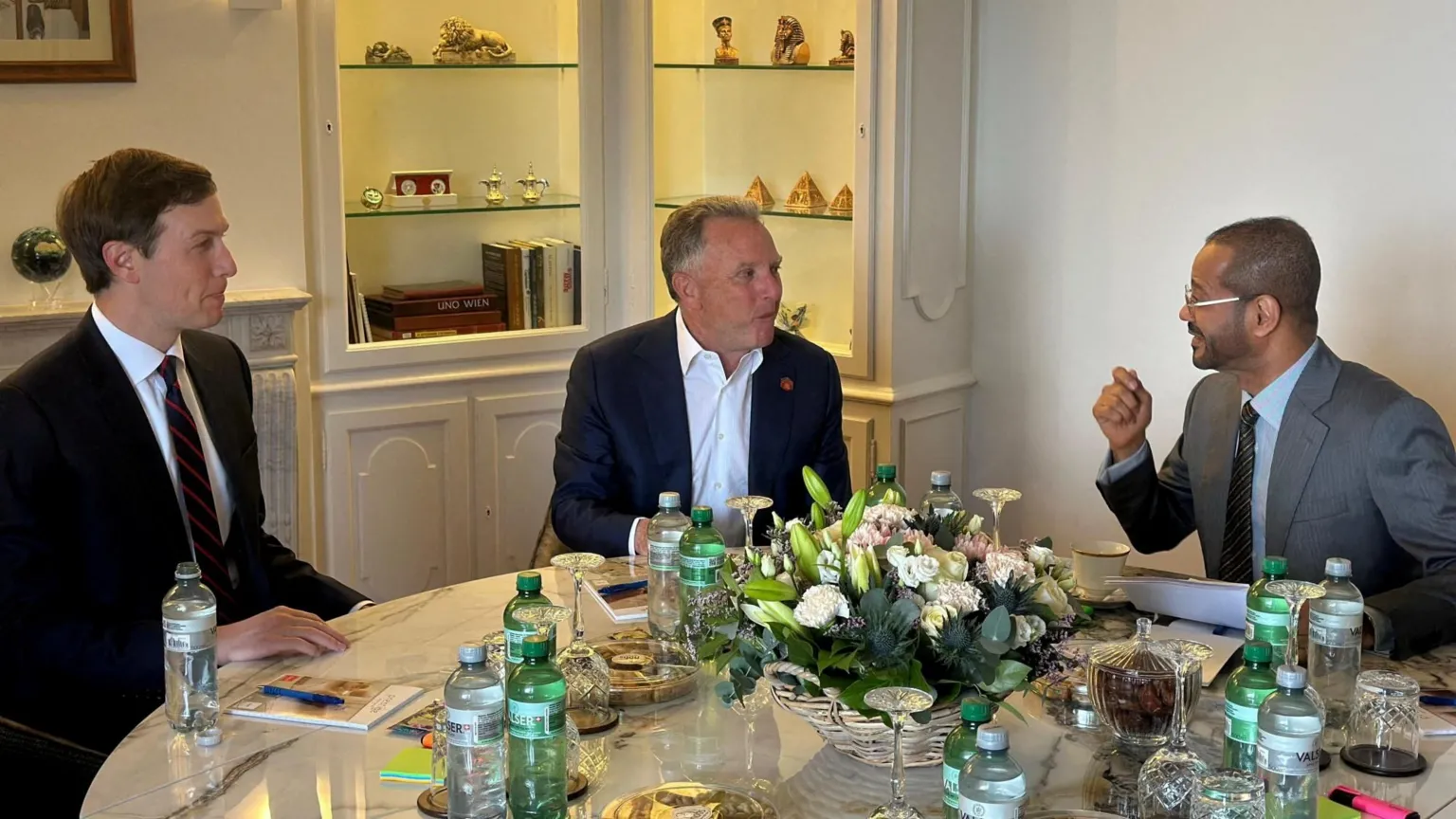 Oman Ministry of Foreign Affairs/Handout via Jared Kushner (L) and Steve Witkoff (C) speak to Omani Foreign Minister Badr Albusaidi ahead of indirect talks with Iran in Geneva, Switzerland (17 February 2026)