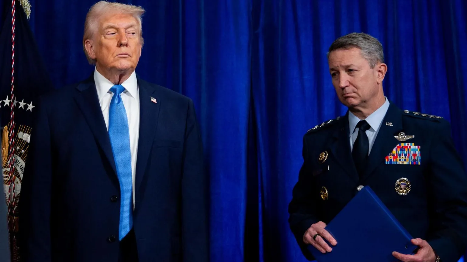 EPA File photo showing US President Donald Trump (L) and Chairman of the Joint Chiefs of Staff Gen John Caine (R) attending a news conference at the Mar-a-Lago Club in Palm Beach, Florida (3 January 2026)