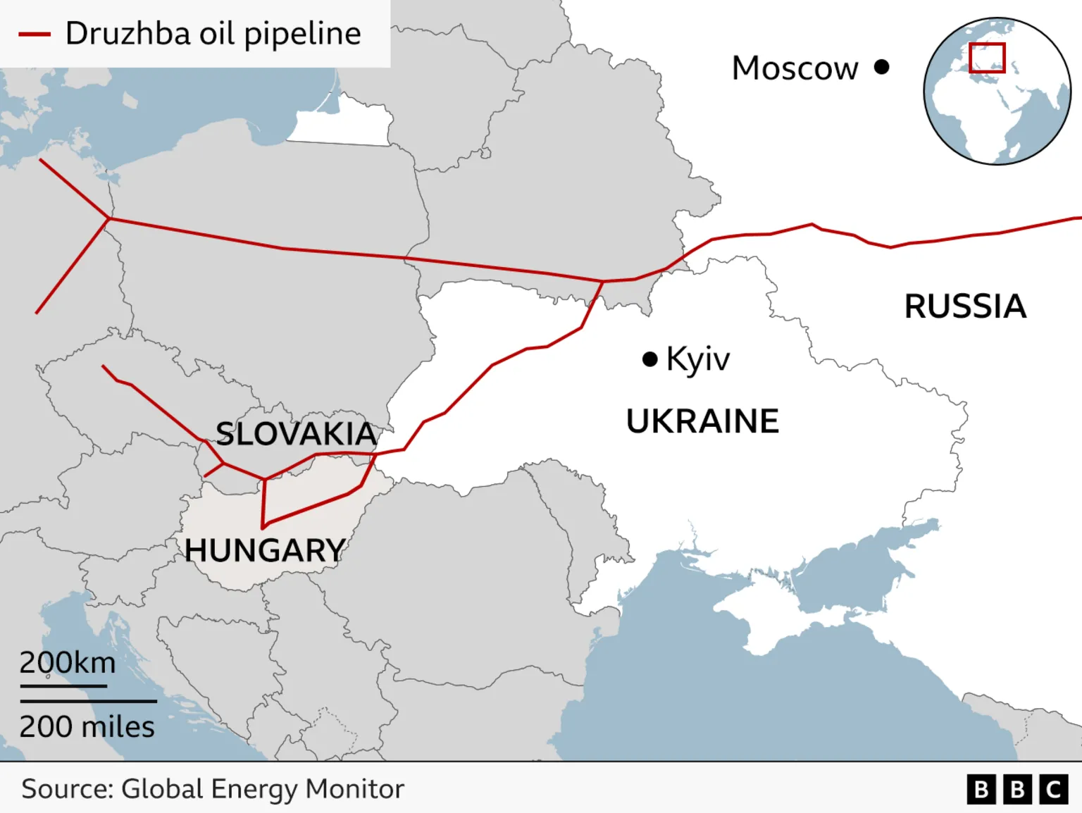 Map showing two strands of a pipeline from Russia into Europe in red. One strand goes through Hungary into Ukraine before connecting to another strand going into Russia.