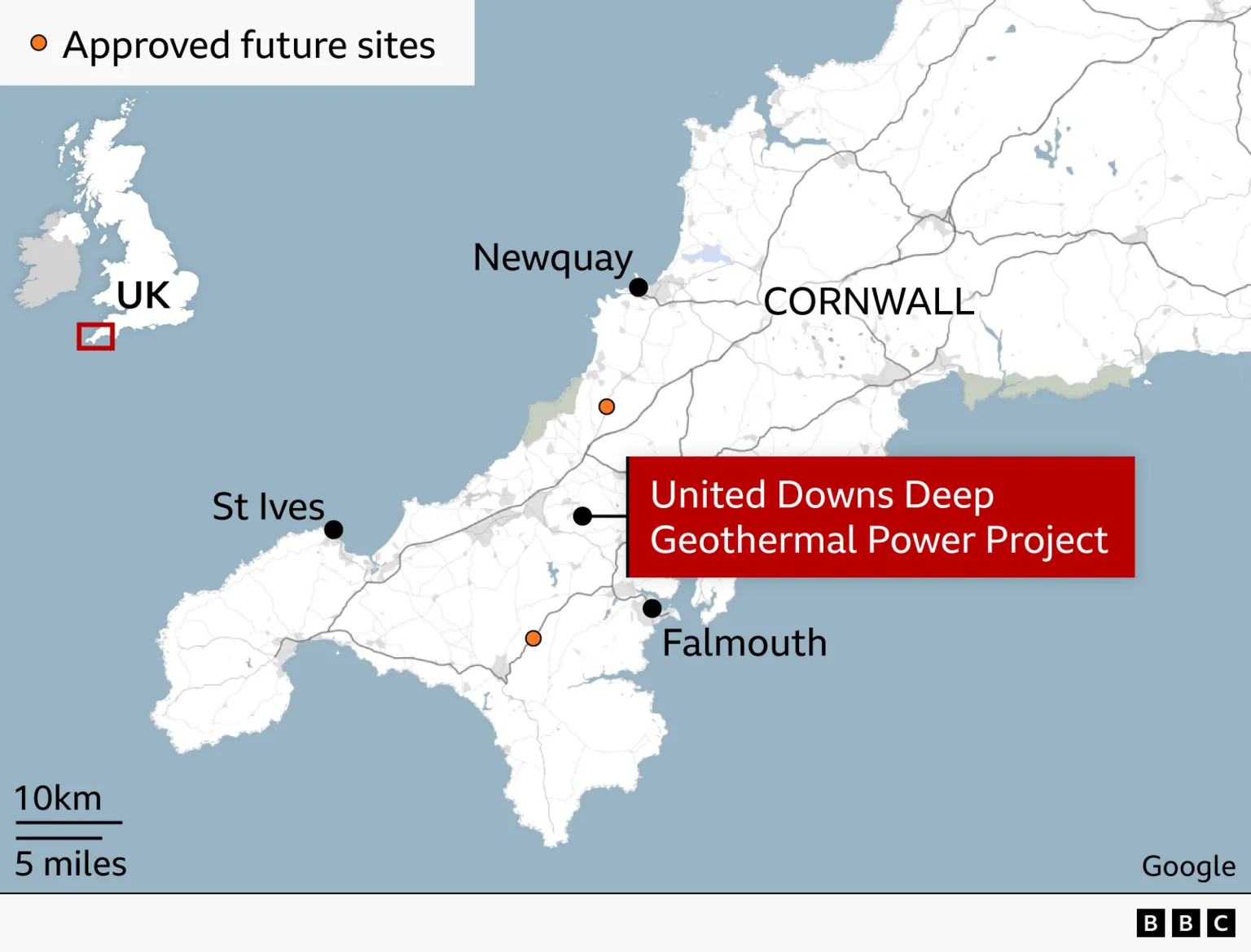 A map of Cornwall shows the position of the Geothermal power near Truro as well as two other approved future sites just a few miles north and south of it.
