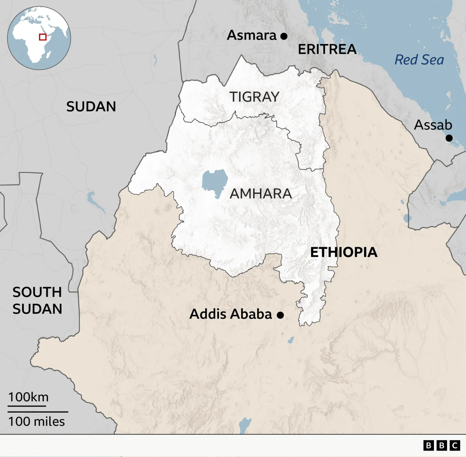 A map of northern Ethiopia, showing Tigray and Amhara, as well as Eritrea