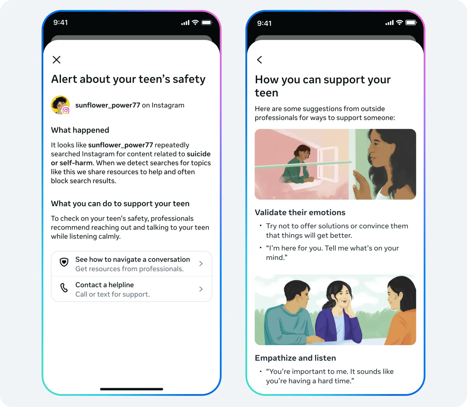 Meta Two screenshots of how the alerts will look in the Instagram app. The first has the title