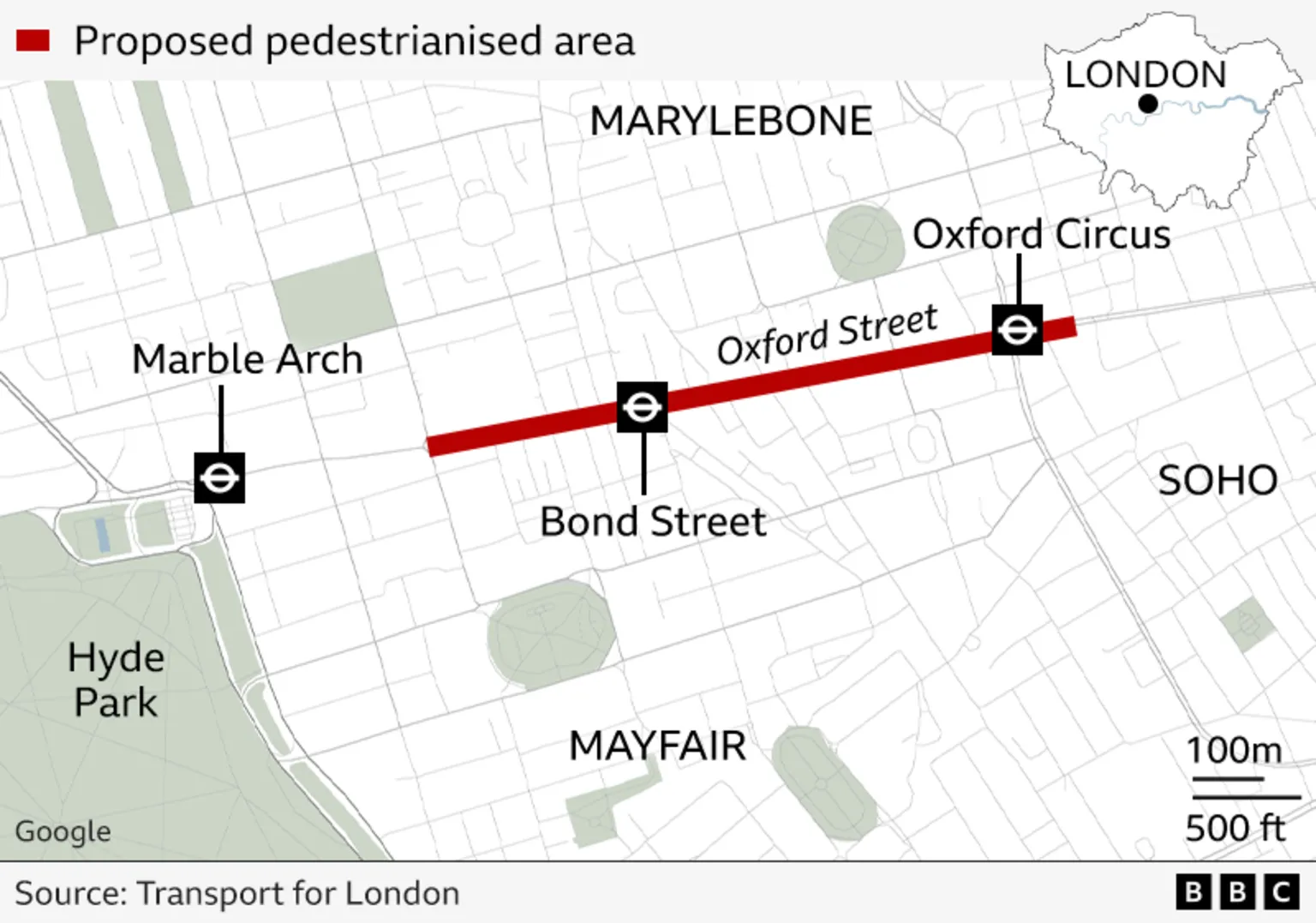 A map of Oxford Street and the surrounding area with the part to be pedestrianised marked in red
