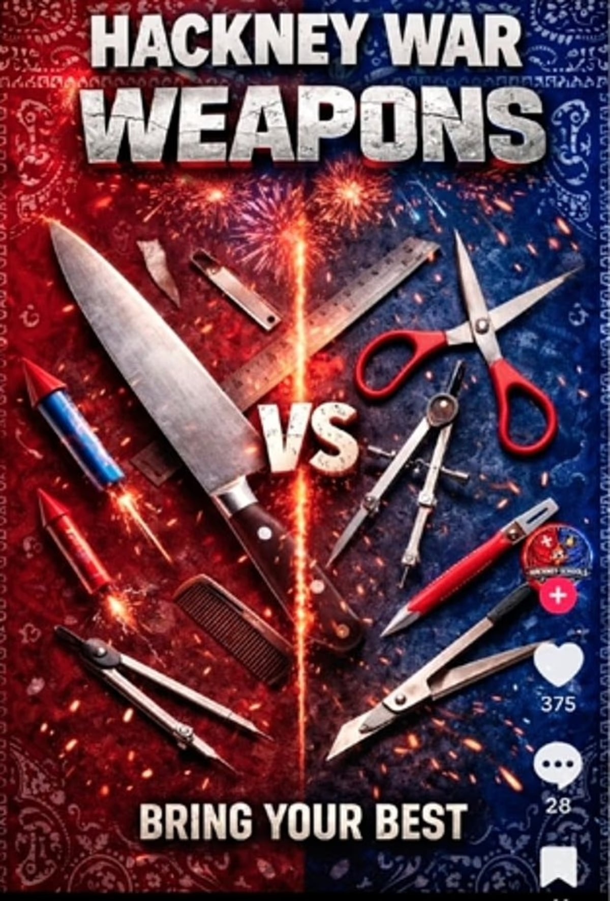 Image of a poster promoted on social media that sys 'Hackney war weapons' and images of knives, scissors and fireworks