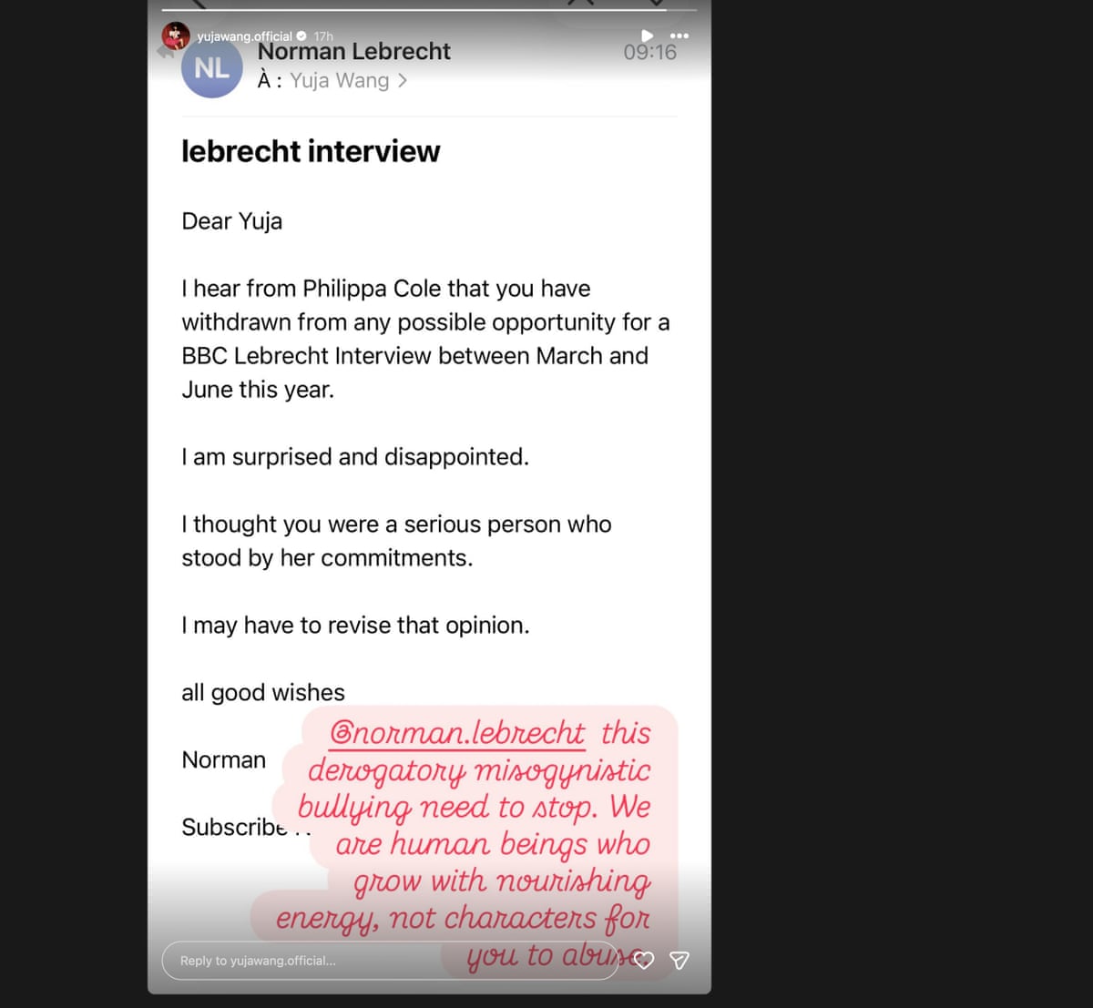 Yuja Wang / Norman Lebrecht email