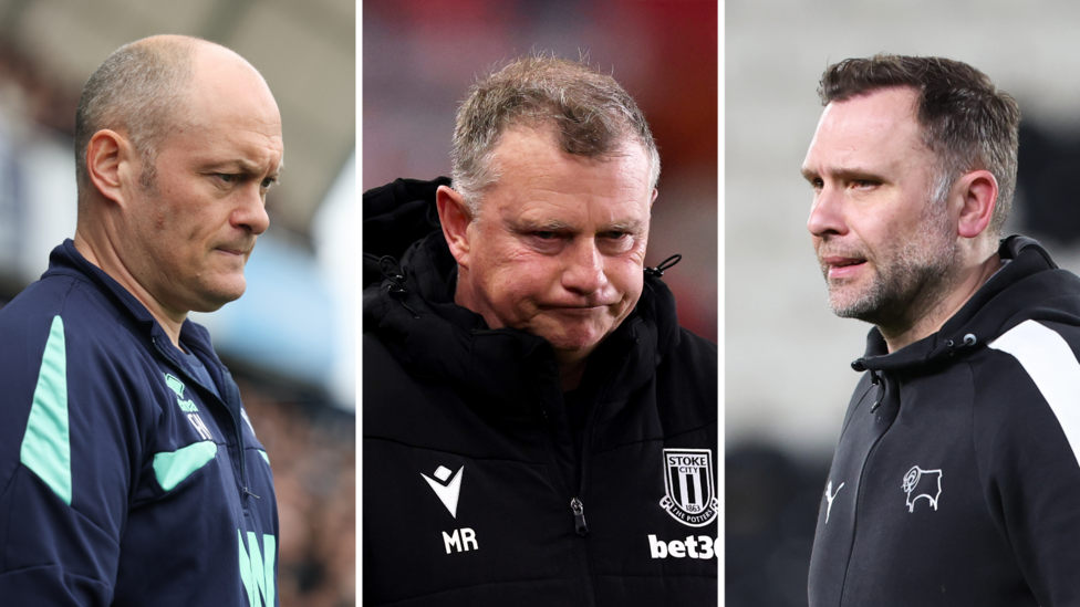 A side-by-side image of Alex Neil, Mark Robins and John Eustace all watching on from the dugout at their respective matches