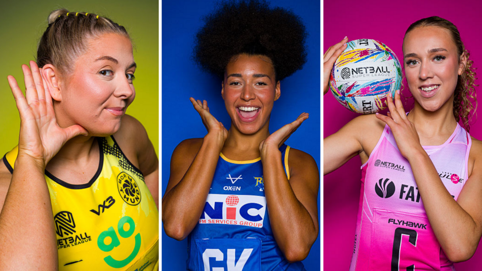 Eleanor Cardwell, Jaz Brown and Gracie Smith pose on Netball Super League media day. Cardwell has her right hand to her right ear and is in Manchester Thunder's yellow kit, Brown has both hands up to her face and wears Leeds Rhinos' blue outfit, and Smith holds a netball on her right shoulder while wearing London Pulse's pink dress, with each player standing in front of coloured backgrounds corresponding to their kit.