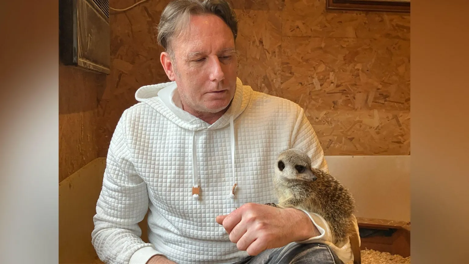 Julia Gregory/BBC Landlord Chris Collier pictured with a meerkat at the Royal Oak Inn and Meerkat Retreat in Brockham, Surrey. Chris is wearing a white fleece and has a meerkat on his arm. He is sitting in the enclosure.