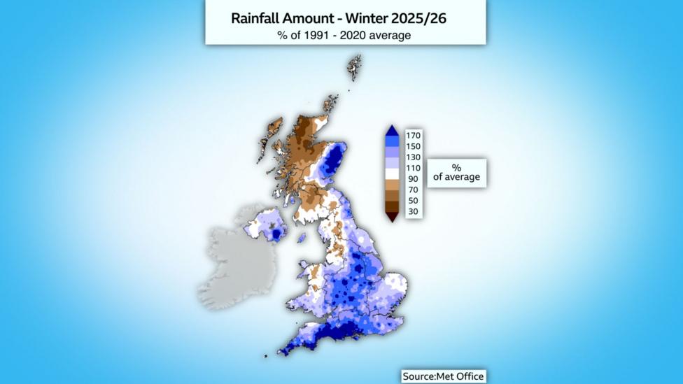 A rainfall anomaly map showing areas in southern and central England and eastern Scotland with above-average rainfall and north-west Scotland below average.