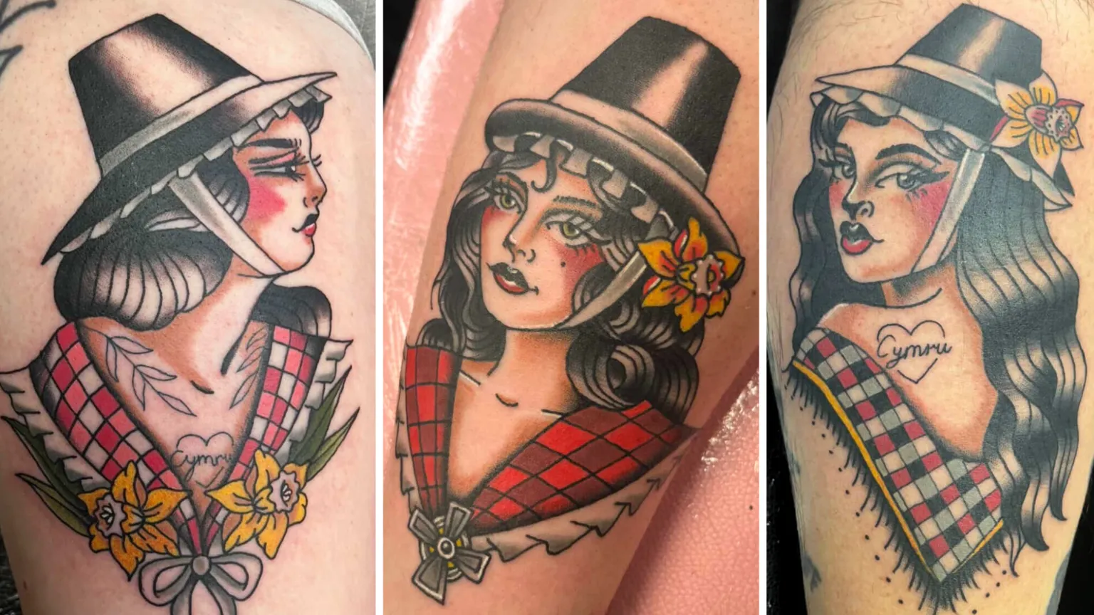 Jessica Tucker A composite of three photographs showing Welsh lady tattoos. From left to right: A tattoo of a pin up woman, she has wavy black hair and wears a Welsh chimney hat, a daffodil in her hair, and a red and white checked shawl. On her chest she has the word