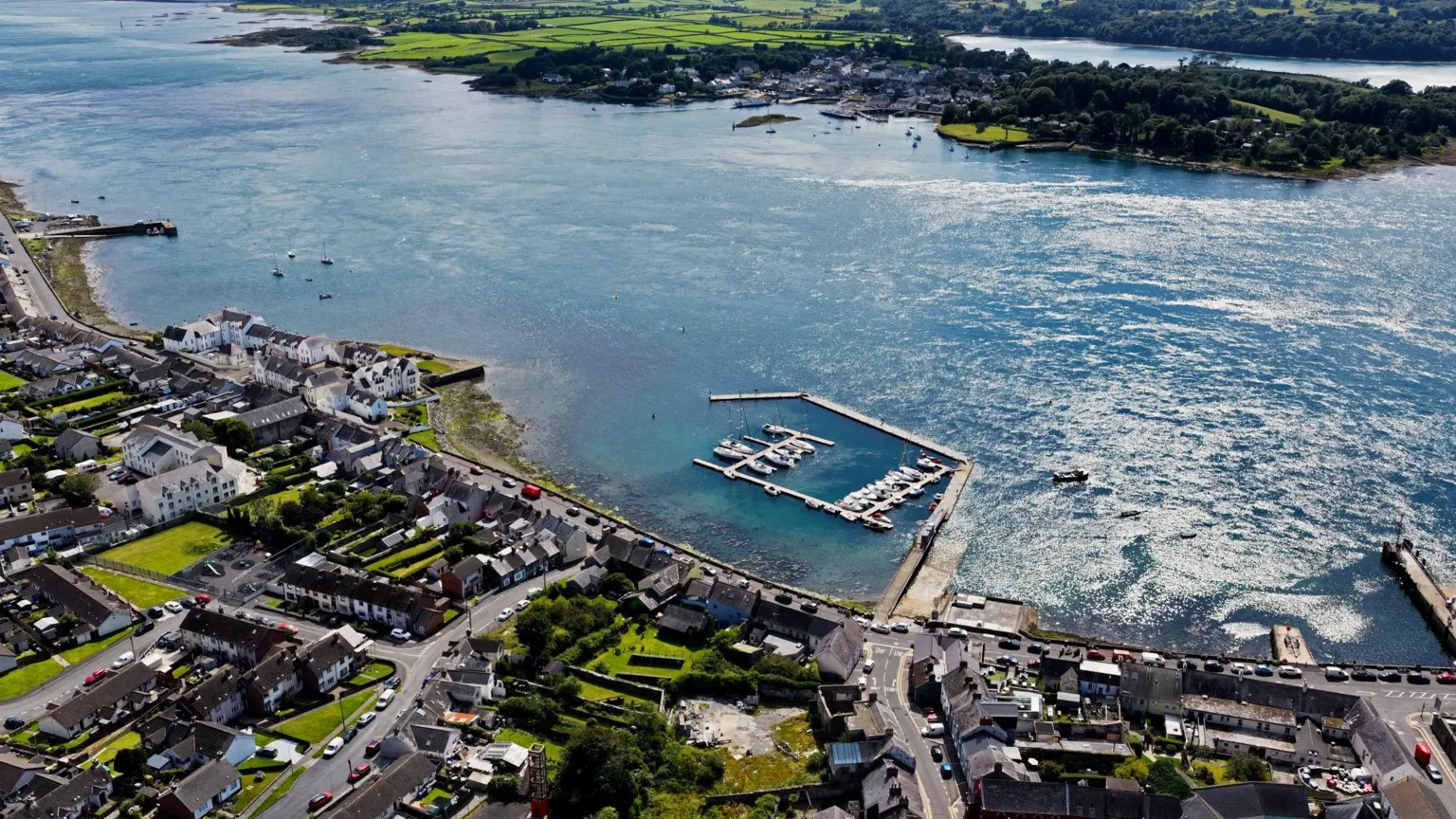  An aerial view of Strangford Lough. It shows Strangford village on one side and Portaferry on the other.