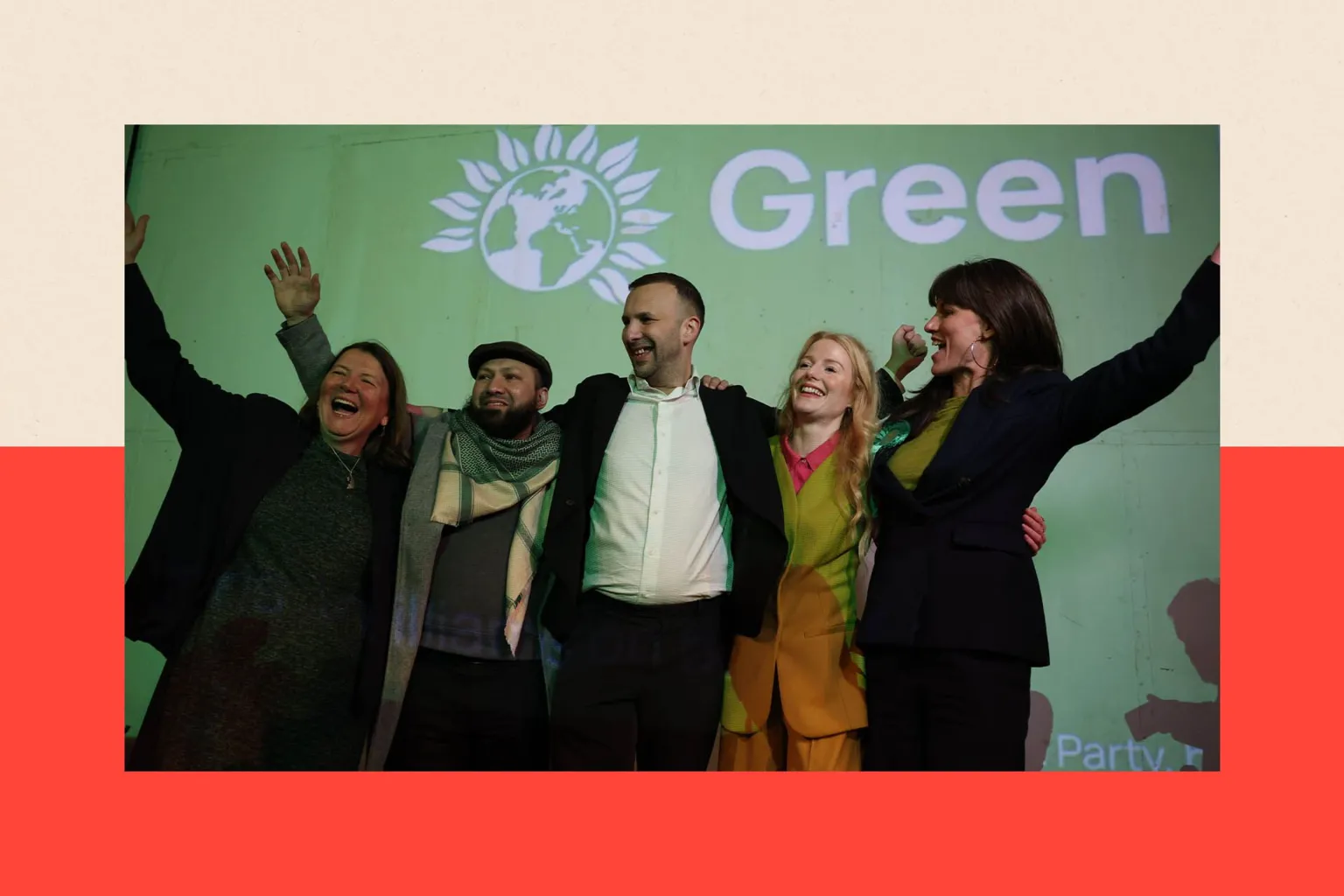 EPA/ Shutterstock Green Party Leader Zack Polanski (C) celebrates and attends the election after-event with Green Party winning candidate Hannah Spence