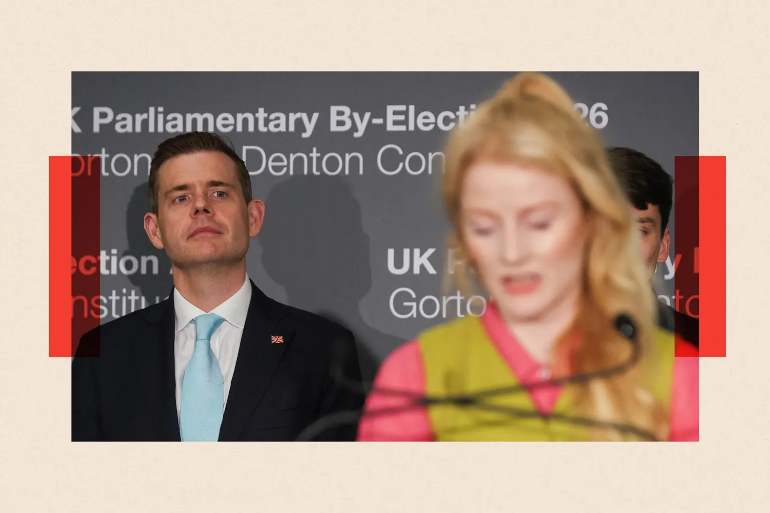  Reform UK party candidate Matt Goodwin looks on as Green Party's candidate Hannah Spencer speaks following her victory