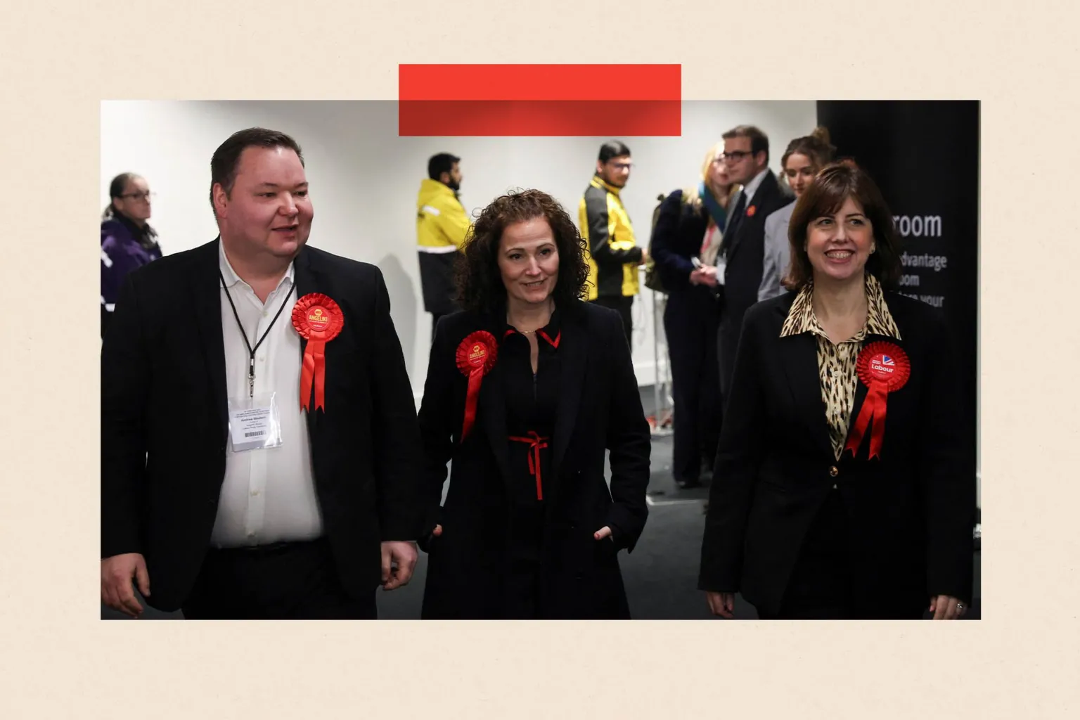  Labour Party candidate Angeliki Stogia walks with Deputy Labour Party leader Lucy Powell and Labour MP Andrew Western