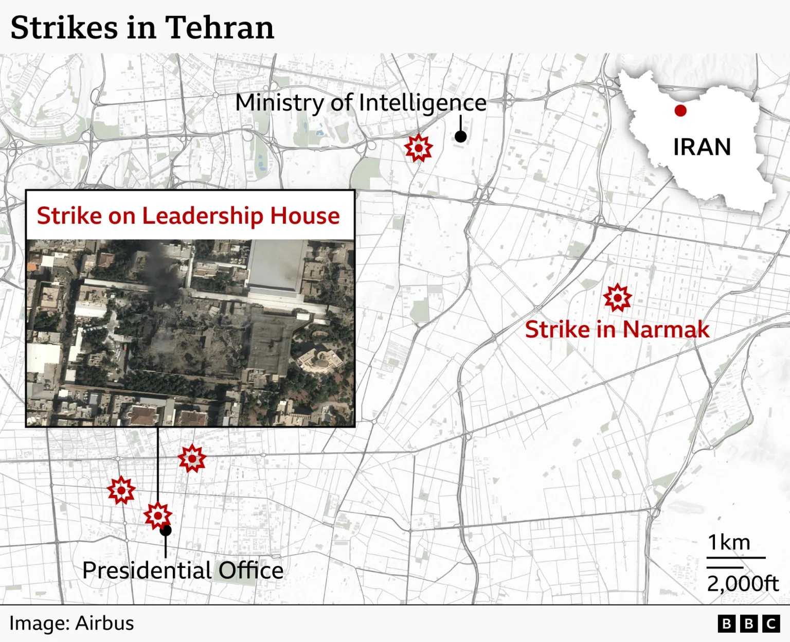 Map shows location of strikes in Tehran close to strategic locations
