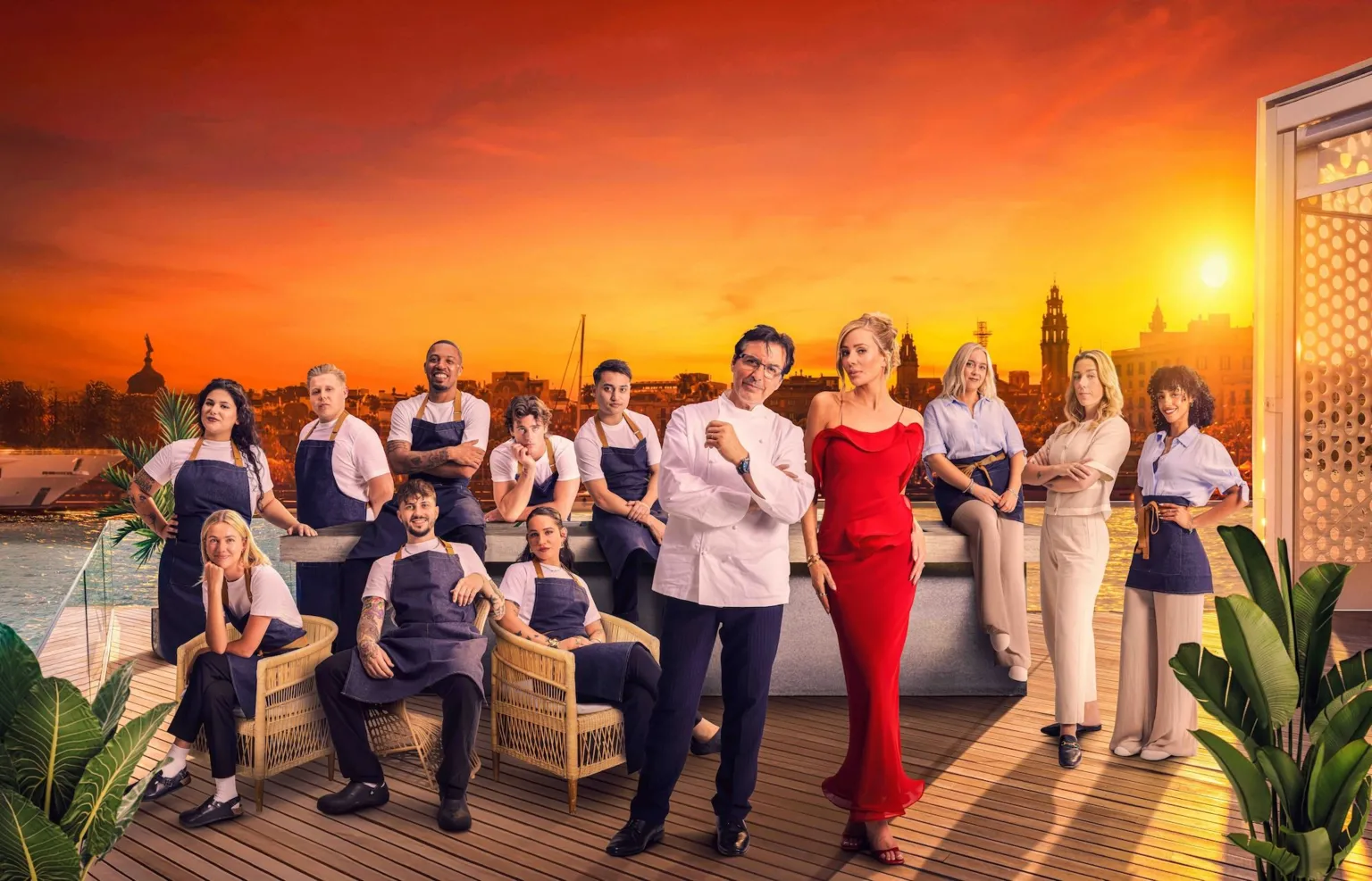 ITV Picture of Jean-Christophe Novelli and Olivia Attwood with 10 contestants set against a backdrop of Barcelona