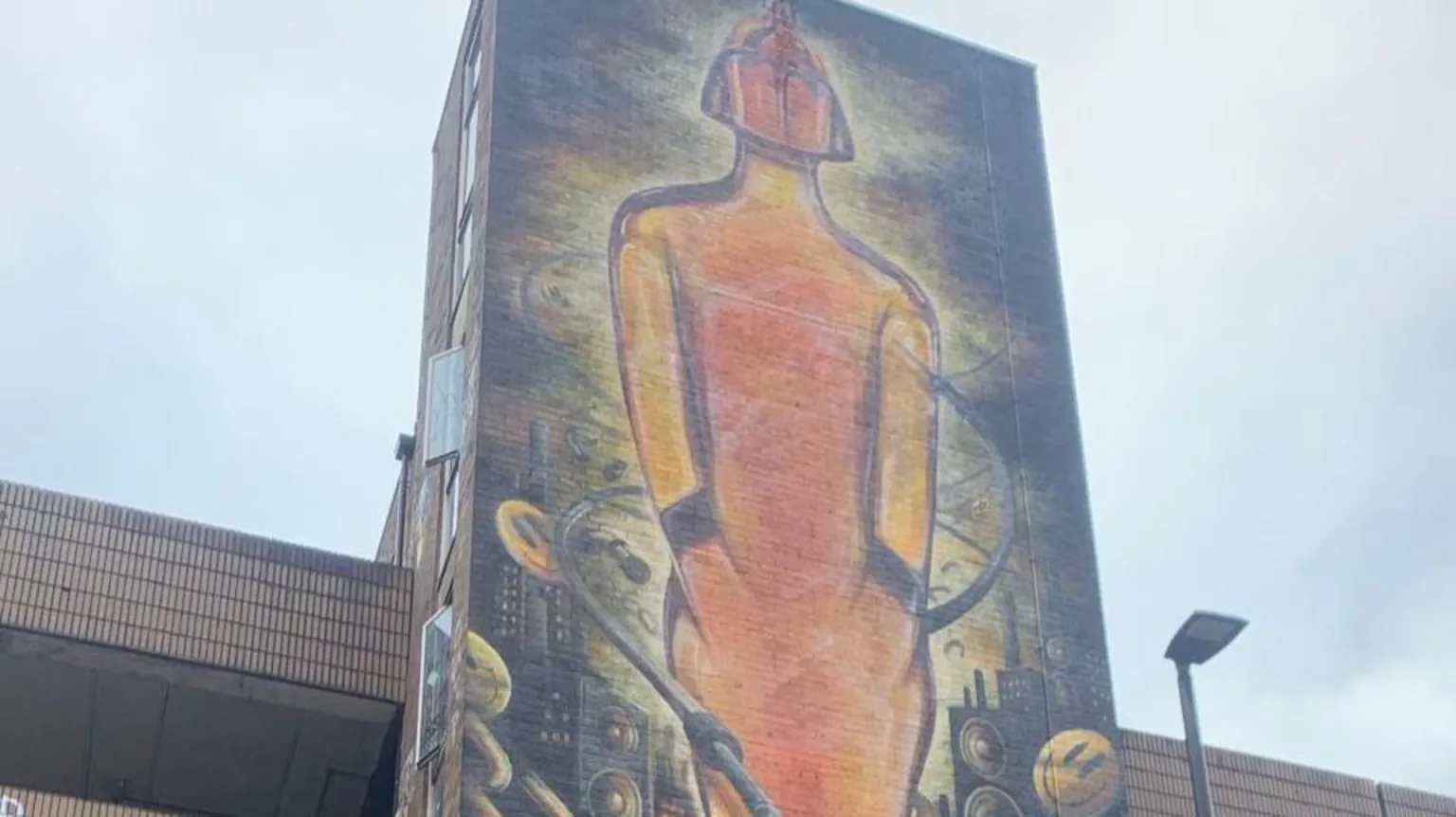 An image of a Brit Award trophy painted on a car park in Manchester city centre