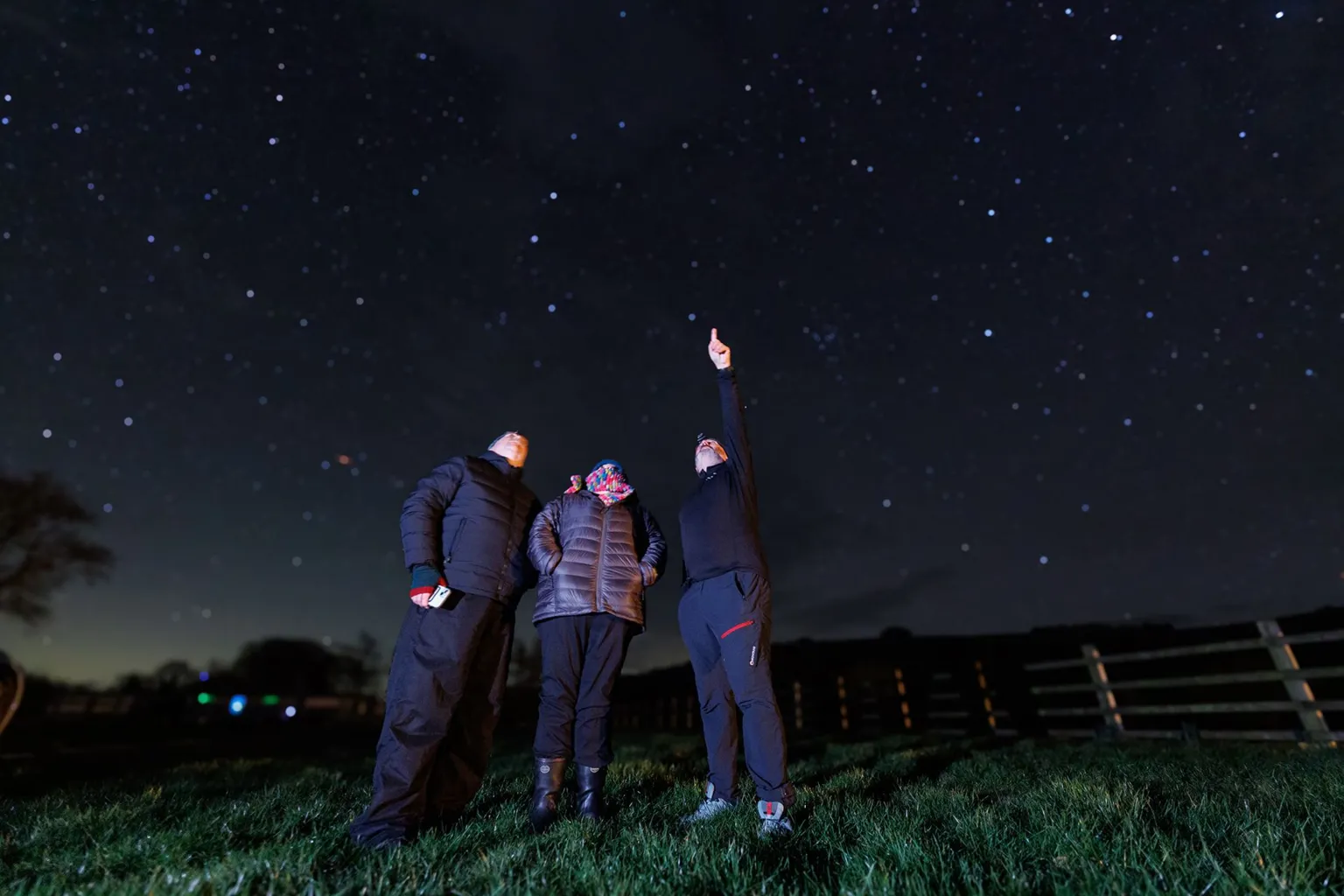 BBC/Thomas Winstone Dafydd Wyn Morgan guides James Harrison and Siân Harrison on star formations