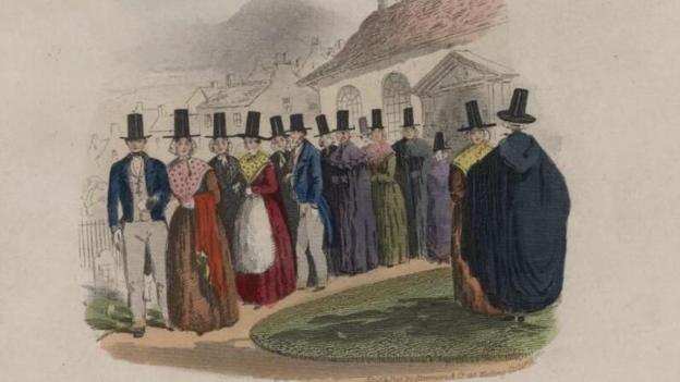 Merched a dynion yn gadael priodas