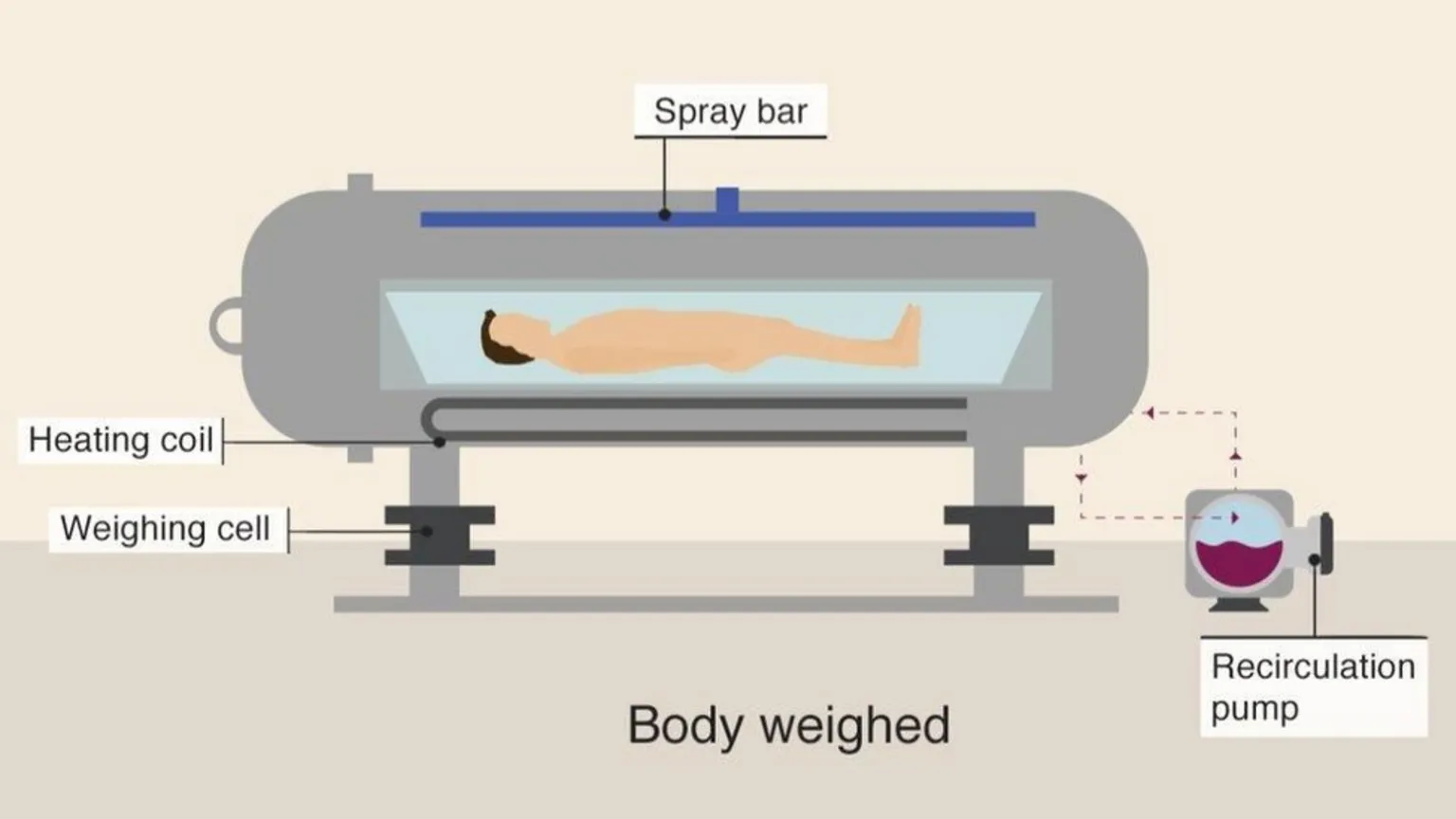Diagram shows a body inside a sealed chamber equipped with a heating coil, spray bar, weighing cell, and a connected recirculation pump, illustrating part of an alkaline hydrolysis system.