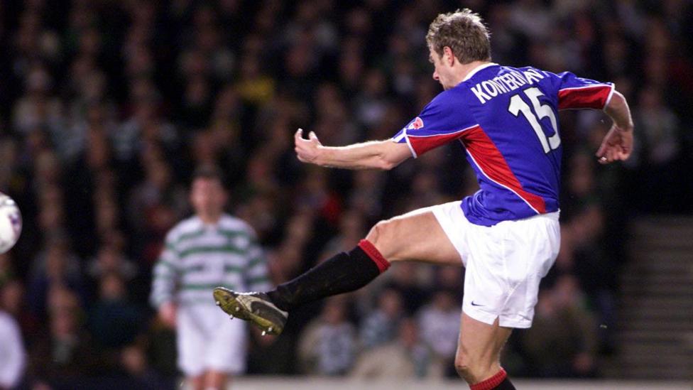 Bert Konterman scores for Rangers against Celtic in 2002
