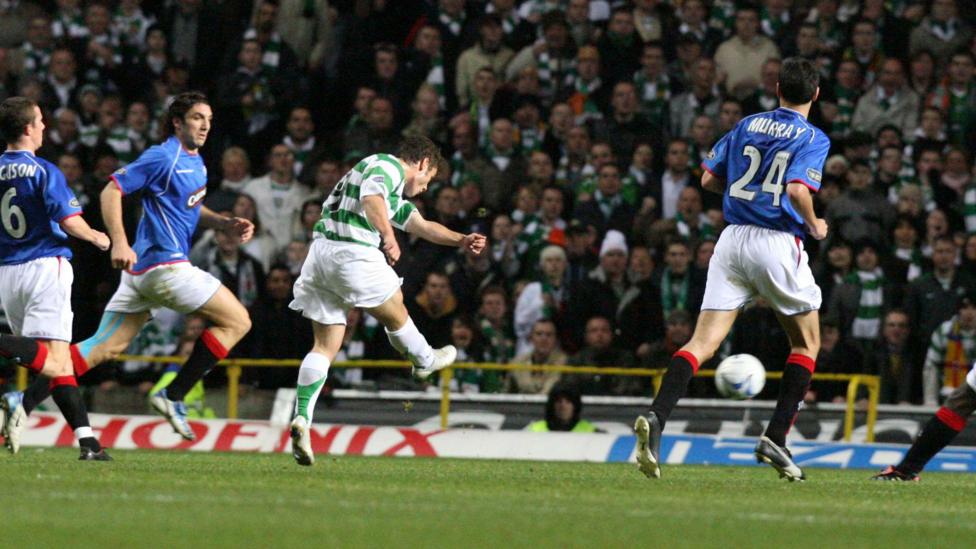 Shaun Maloney scores for Celtic against Rangers in 2005