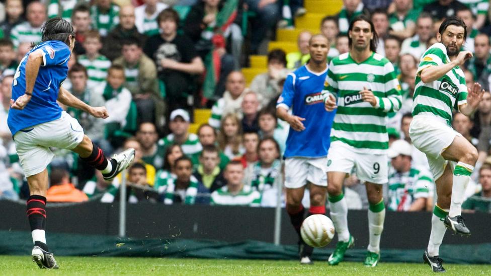 Pedro Mendes scores for Rangers against Celtic in 2008
