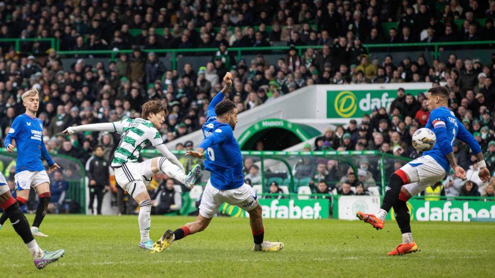 Kyogo Furuhashi scores for Celtic against Rangers in 2023