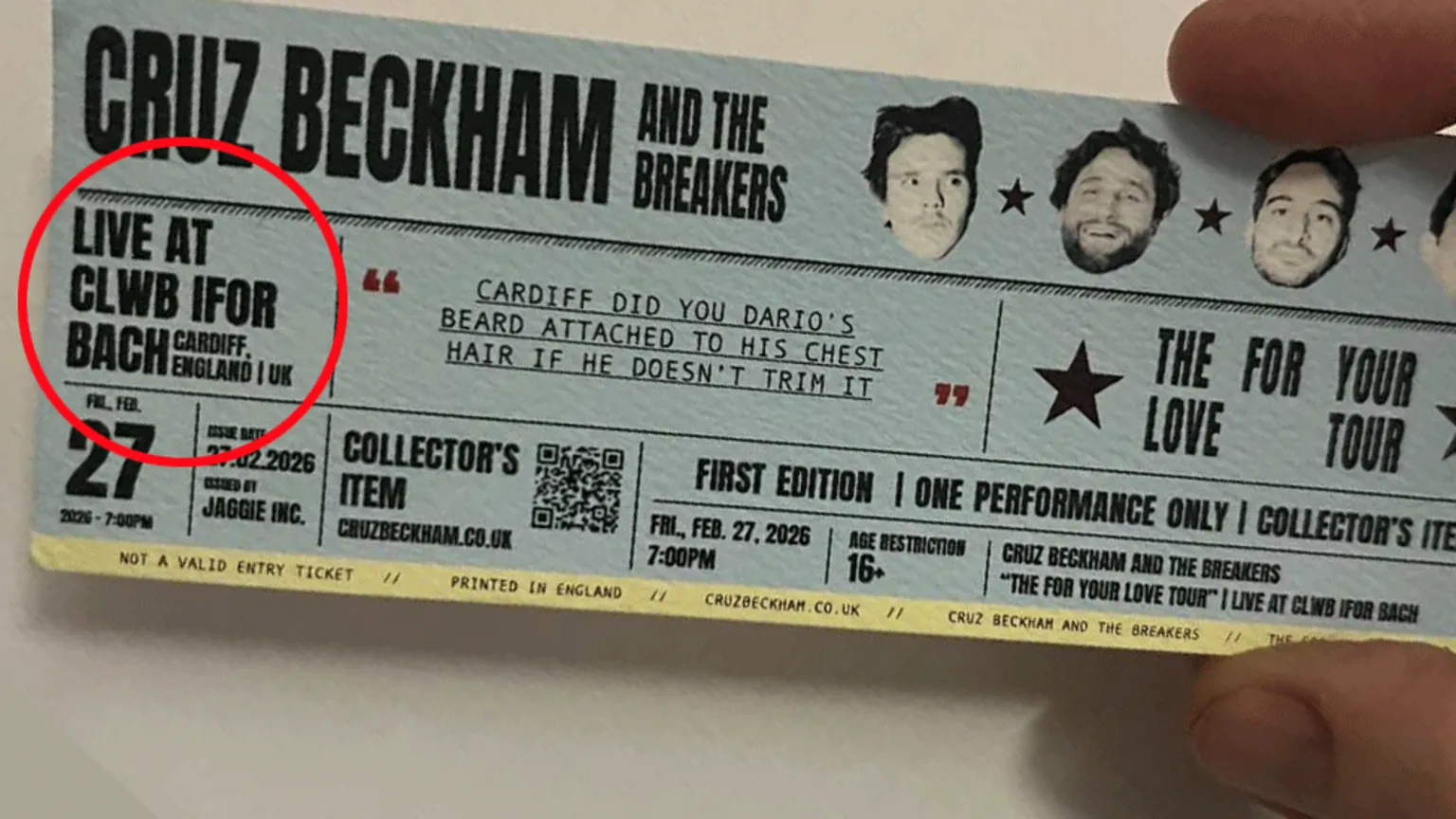 @jmericks | Instagram A copy of the souvenir ticket says Live at Clwb Ifor Back, Cardiff, England