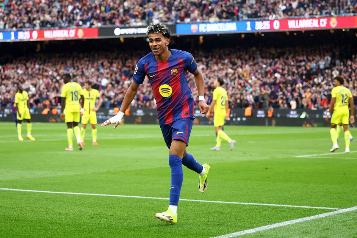 Lamine Yamal celebrates scoring his and Barcelona’s second against Villarreal