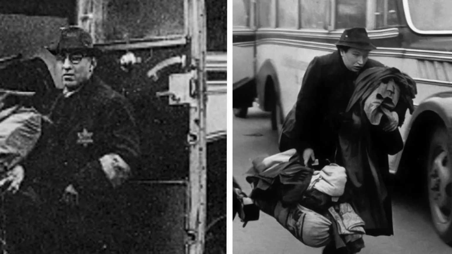 United States Holocaust Memorial Museum Archives A composite image of two black and white images. On the left is a man with a hat on looking at the camera. He is about to get on a bus. On the right is an image of a woman holding clothes and bags. There is a bus next to her.