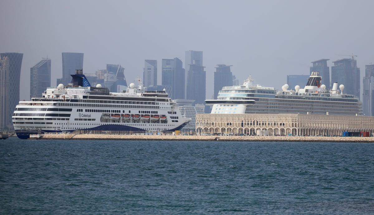 Two cruise ships are docked at the terminal close to the old port, in Doha, Qatar, on 2 March 2026, as airspace closures and security alerts disrupt travel.