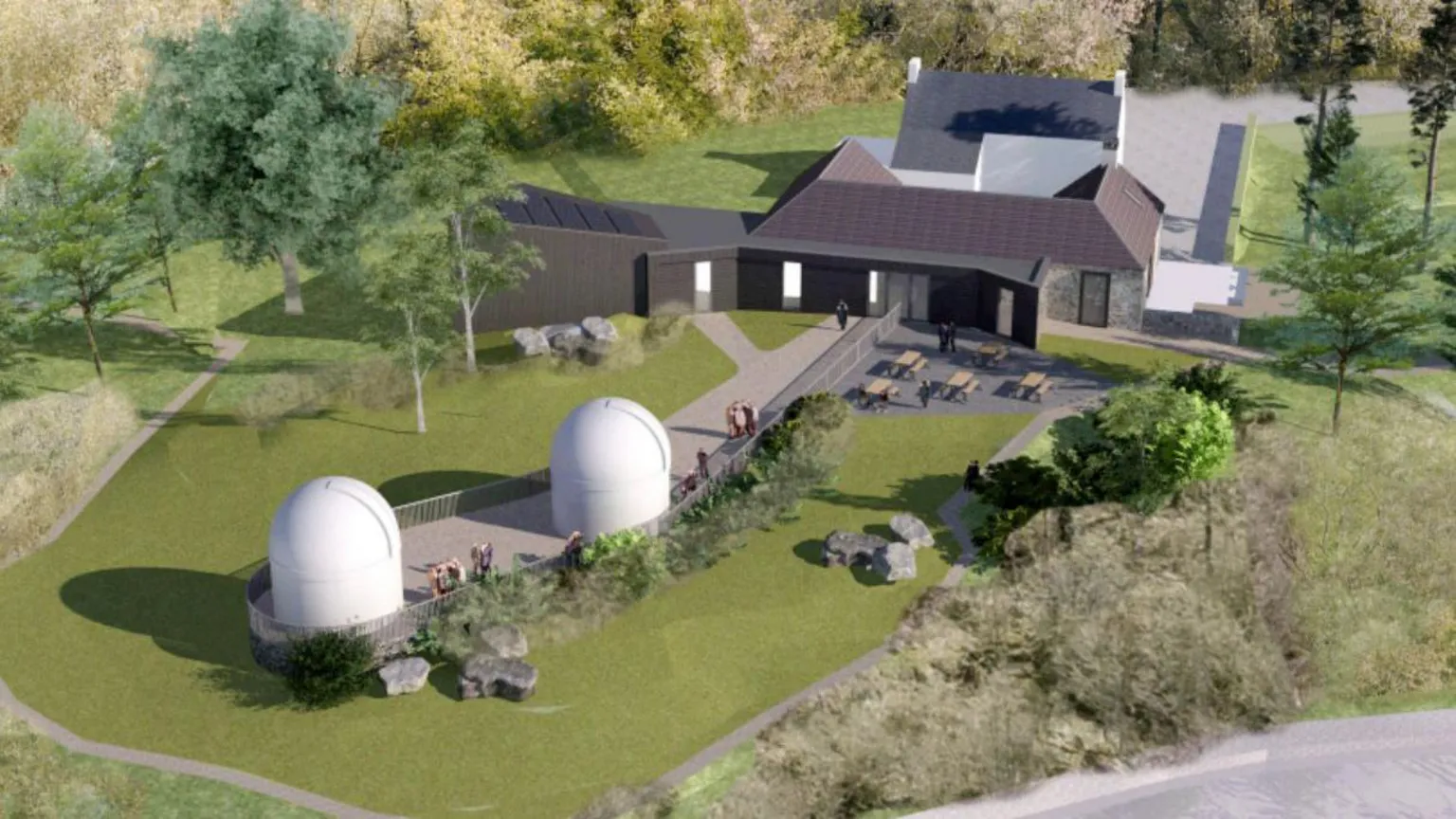 ARPL Architects A computer-generated view of how the new Dark Sky Observatory might look with two domed buildings and a more traditional building beside it set in green countryside