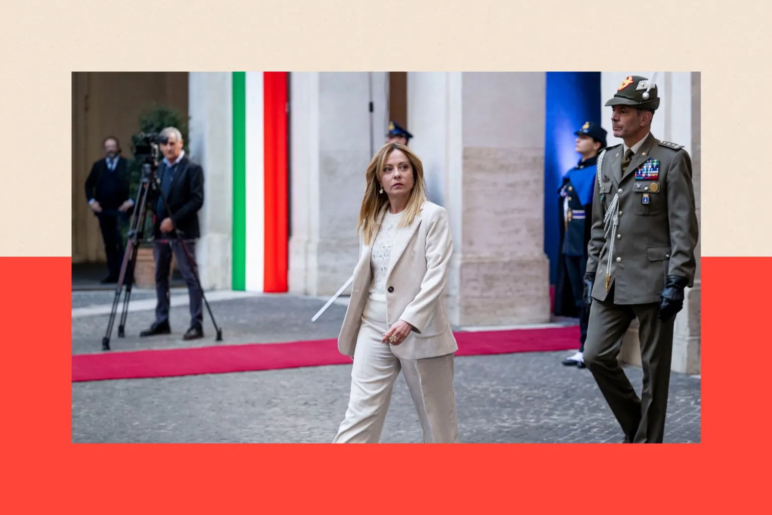  Italian Prime Minister Giorgia Meloni arrives to meet with President of Cyprus Nikos Christodoulides (not pictured)