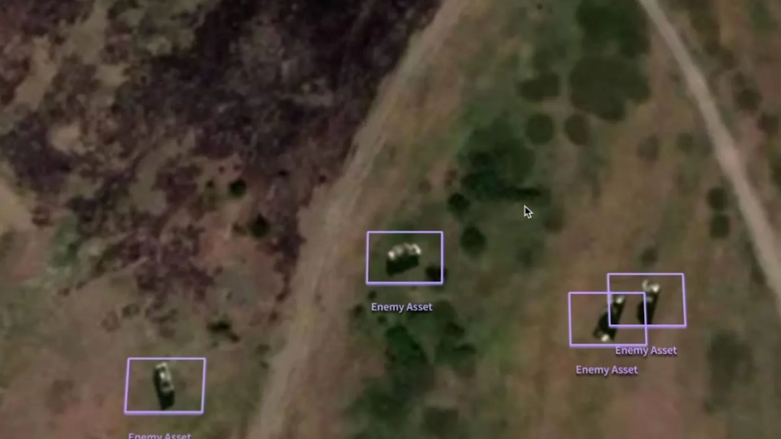 BBC/Palantir A picture showing a satellite image of military vehicles each covered with a purple box labelled