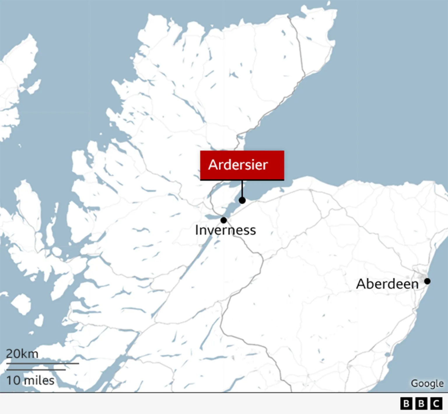 A map of Scotland showing the locations of Ardersier, Inverness and Aberdeen.
