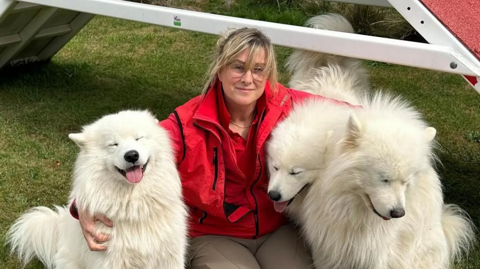 Ben Parker/BBC Tammie McNeill sitting on the grass. She is wearing a red jacket and light-coloured leggings. She is wearing glasses and has blonde hair. She has three large fluffy white dogs around her. Behind her is a ramp used for dog training. 